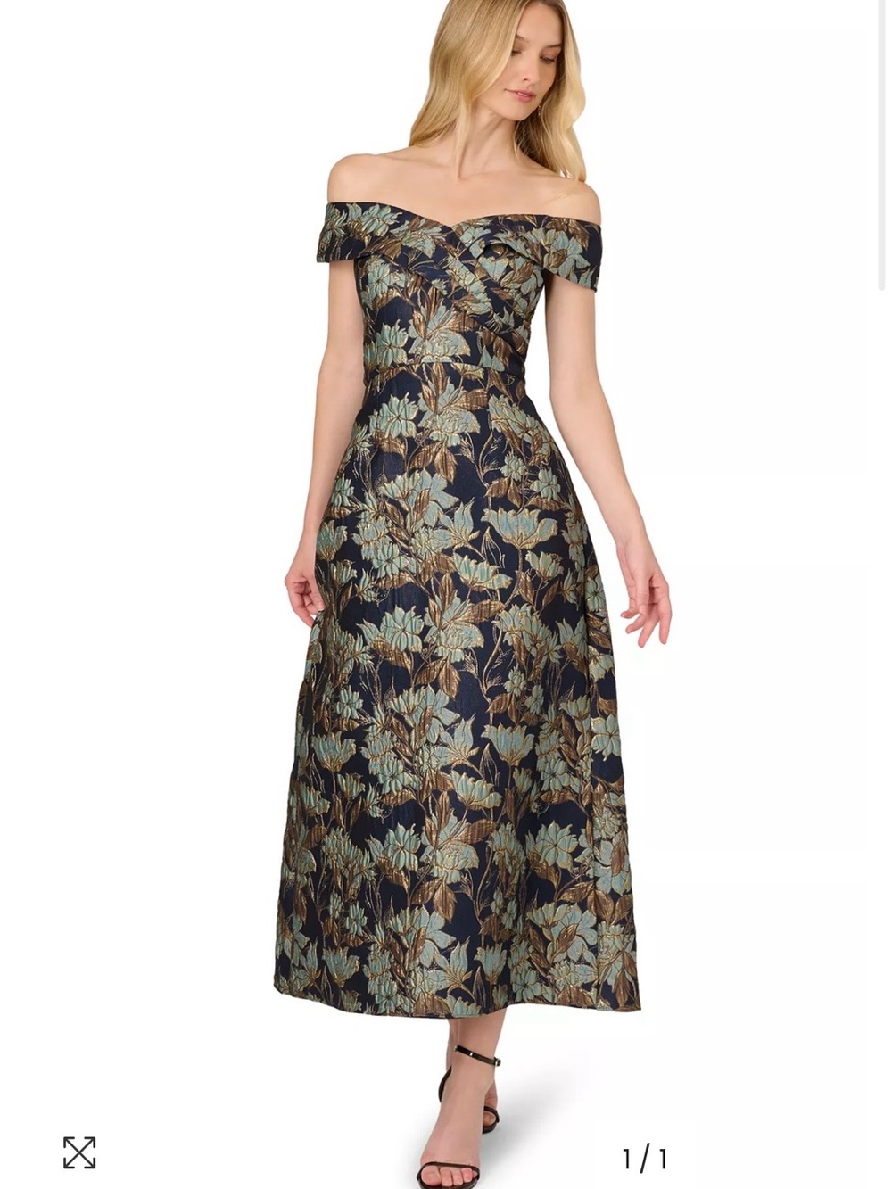 Adrianna Papell Navy and Gold Floral Off-Shoulder Jaquard Dress